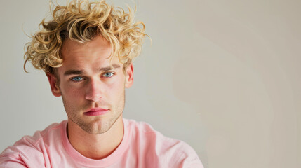 blond haired man with curly hair and pink shirt looking sad into camera