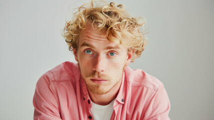 blond haired man with curly hair and pink shirt looking sad into camera