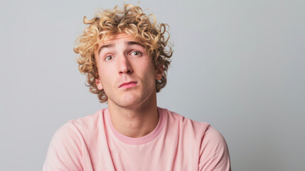 blond haired man with curly hair and pink shirt looking weird into camera