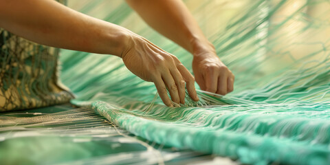 Mint Green - A woman expertly weaves intricate patterns into a tapestry, her fingers moving as gracefully as the river that flows nearby