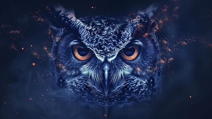 Abstract owl face with symmetrical geometric designs, highlighting wisdom and mystery, set against a dark