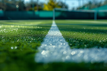 Naklejka premium close-up cancha de tenis de césped recién cortado, pista de tenis al amanecer, torneo de club de tenis 