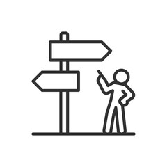 Directional choice, linear icon. A person stands in front of a directional sign and chooses where to go. Line with editable stroke