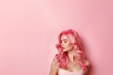 Young woman with pink hair and makeup against a pink background. Portrait with copy space. Fashion and beauty concept for design and print