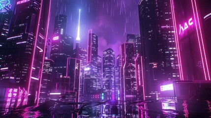 Illustration retro futuristic city with synthwave neon lights illuminated background. Generated AI