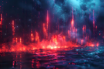 Fototapeta premium Mesmerizing image of a futuristic neon cityscape with vibrant lights reflecting on the water. Ideal for sci-fi themes, cyberpunk art, digital designs, and futuristic marketing projects.