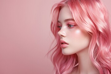 Naklejka premium Young woman with vibrant, pink hair and radiant, pink makeup on a soft pink background. Close-up portrait. Fashion and beauty concept for stunning, creative design and elegant print