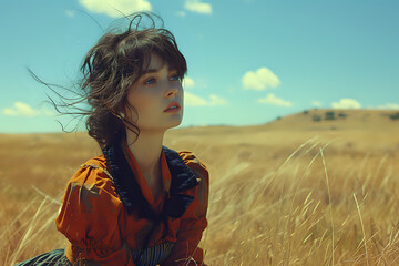 Enchanting image of a woman in a vintage dress, sitting in a golden field under a clear blue sky. Perfect for fashion editorials, lifestyle blogs, nature-inspired projects, and romantic art pieces.