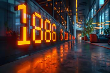 Fototapeta premium Dynamic image of a modern office corridor featuring a bright digital display board. Ideal for business-themed projects, corporate presentations, technology marketing, and modern workspace designs.