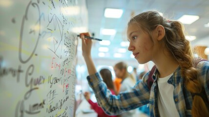Students engage in collaborative learning, brainstorming on a whiteboard in a modern classroom, fostering STEM education and teamwork