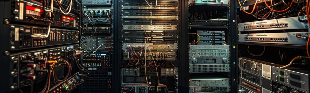 Many wires and equipment in a room with a lot of wires. telecommunication equipment
