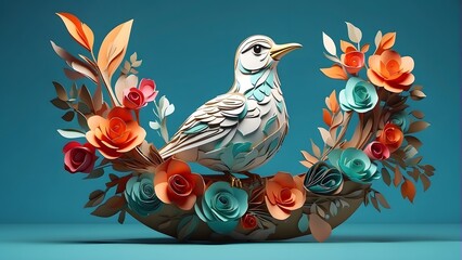 Illustration of a paper art bird, stylized paper flowers and leaves on light turquoise background