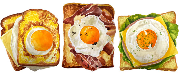 Watercolor set of different toasts with various topping isolated on white collection of wheat sandwiches watercolor illustration. Toasted bread with butter, fried eggs, cheese, hum for design.