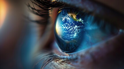 Macro photo of Planet Earth in eye close up. The earth inside of a man's eye