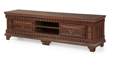 classic TV table wood on white background . corner view