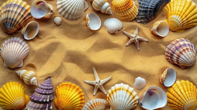   A seashell and starfish mosaic on a sandy beach with a starfish focal point