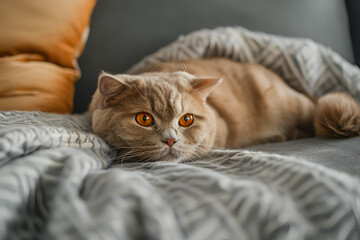 Cute red Scottish fold cat with orange eyes lying on grey textile sofa at home. Soft fluffy purebred short hair straight-eared kitty. Background, copy space, close up. - Powered by Adobe