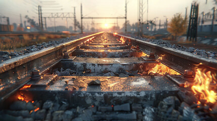   Close-up photo of train track with flames rising from between the rails, accompanied by a bright sun in the backdrop
