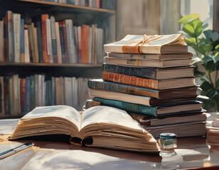 Fototapeta premium an open old book and pile of books in the library