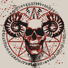 Vector illustration with human skull with horns ram, pentagram, occult and witchcraft signs in grunge style. The symbol of Satanism Baphomet and magic runes written in a circle.
