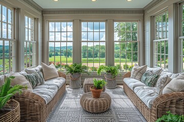 Bright and airy Colonial sunroom with walls of windows, offering panoramic views of the surrounding landscape.