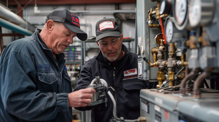 Two experienced industrial workers collaborating to adjust complex machinery at a manufacturing plant.