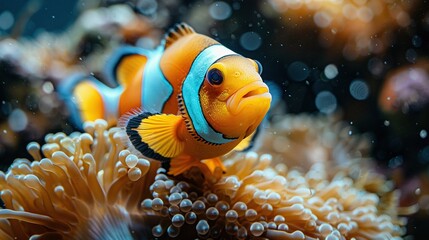   Close-up of orange and blue clownfish on sea anemone with bubbles
