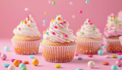 illustration of pastel decorated birthday muffins with cream and springkles on pink background