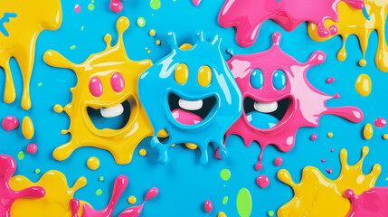background illustration with three cute paint splash characters in yellow, blue and pink on blue background