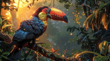 Fototapeta premium Toucan perched on branch in rainforest canopy, pixel art. AI generate illustration
