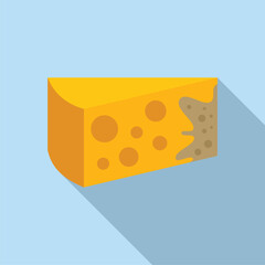 Digital illustration of a wedge of yellow cheese with holes, cast shadow, isolated on a blue backdrop