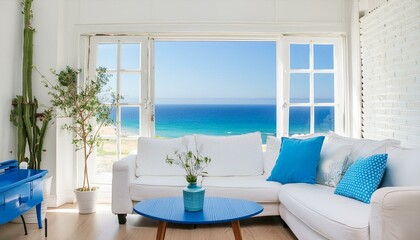 modern living room interior, ocean view, blue and white decor, bright