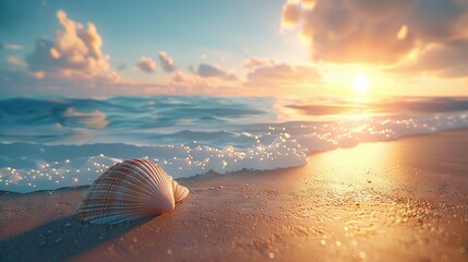  A seashell resting on a sandy shore, bathed in the warm glow of sunset with the serene expanse of water in the foreground