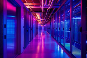 Fototapeta premium Long hallway with many rows of servers in it, Data center background 