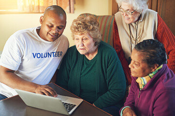 Nursing home, senior people and volunteer with laptop together for education, learning and online news. Retirement, community and technology with internet for communication, social media or streaming