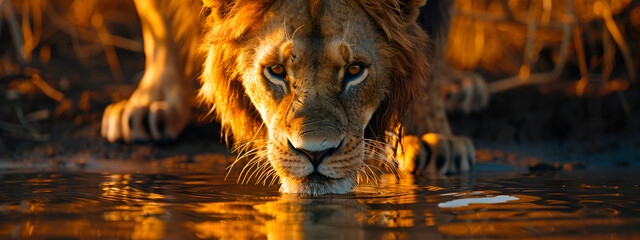 lion drinking water in the African savannah