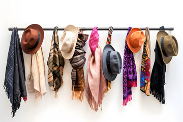 Fashion accessories, such as scarves and hats, arranged on a hanger on a white background - Powered by Adobe