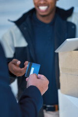 Credit card, tablet and delivery man at home with boxes for online shopping, distribution and...