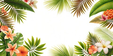 Tropical floral border with lush green Palm leaves and flowers in shades of pink, orange and white. Fresh, summer atmosphere, vibrant colors. Copy space for text