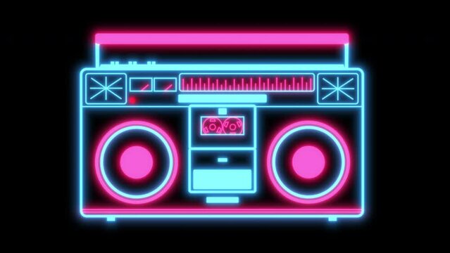 4K Neon vintage boombox plays music. Retro glowing tape recorder. Animated on a black background. Loopable animation