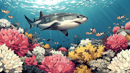  A vibrant painting of a shark swimming above a coral reef with colorful fish darting nearby, all set against a serene backdrop at the bottom