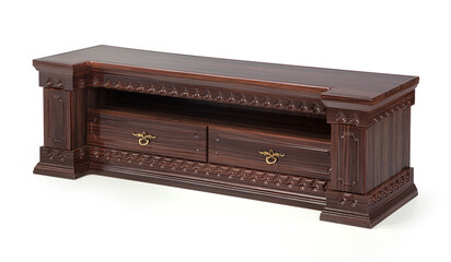 classic TV table wood on white background . corner view