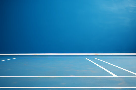 Fondo minimalista de pista de tenis, cancha de deporte azul con l&iacute;neas blancas
