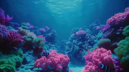   An image of an underwater scene featuring a vibrant coral reef, playful clownfish swimming among the corals on the ocean floor, and sunlight filtering through the water above