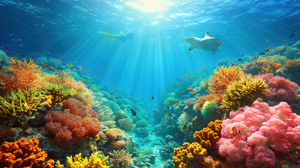 Naklejka premium An underwater photo of a vibrant coral reef illuminated by sunlight filtering down from above