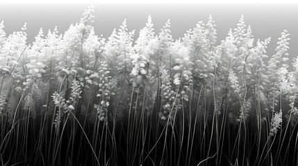   A monochromatic image of a tall grass field adorned with numerous small white blossoms in the foreground