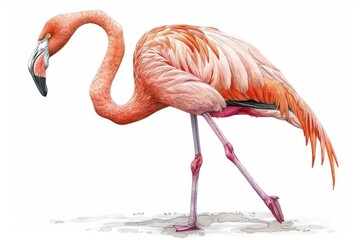 Chilean flamingo,  Pastel-colored, in hand-drawn style, watercolor, isolated on white background