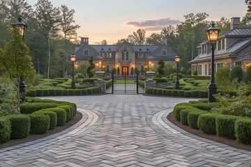 Obraz premium Elegant curved driveway design, featuring interlocking pavers in a herringbone pattern that leads to a stately manor.