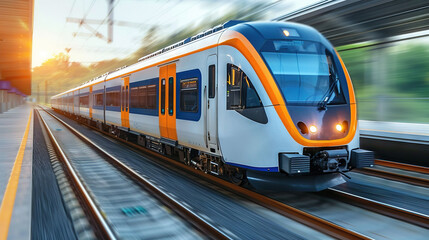 Naklejka premium A train descends train tracks alongside a luminous station light
