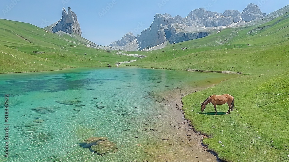 Sticker   A horse grazes on grass beside a lake in front of a mountain range